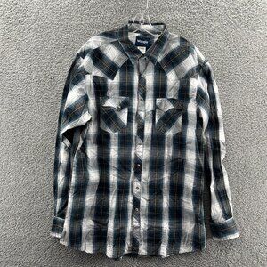Wrangler Pearl Snap Shirt Mens 2XLT Blue White Plaid Western Cowboy Workwear